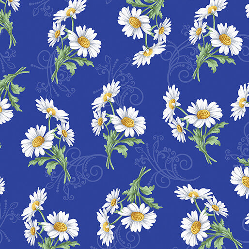 Benartex | All About Daisies | Daisy Scroll | Royal Blue