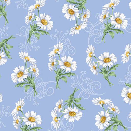 Benartex | All About  Daisies |Daisy Scroll | Sky Blue